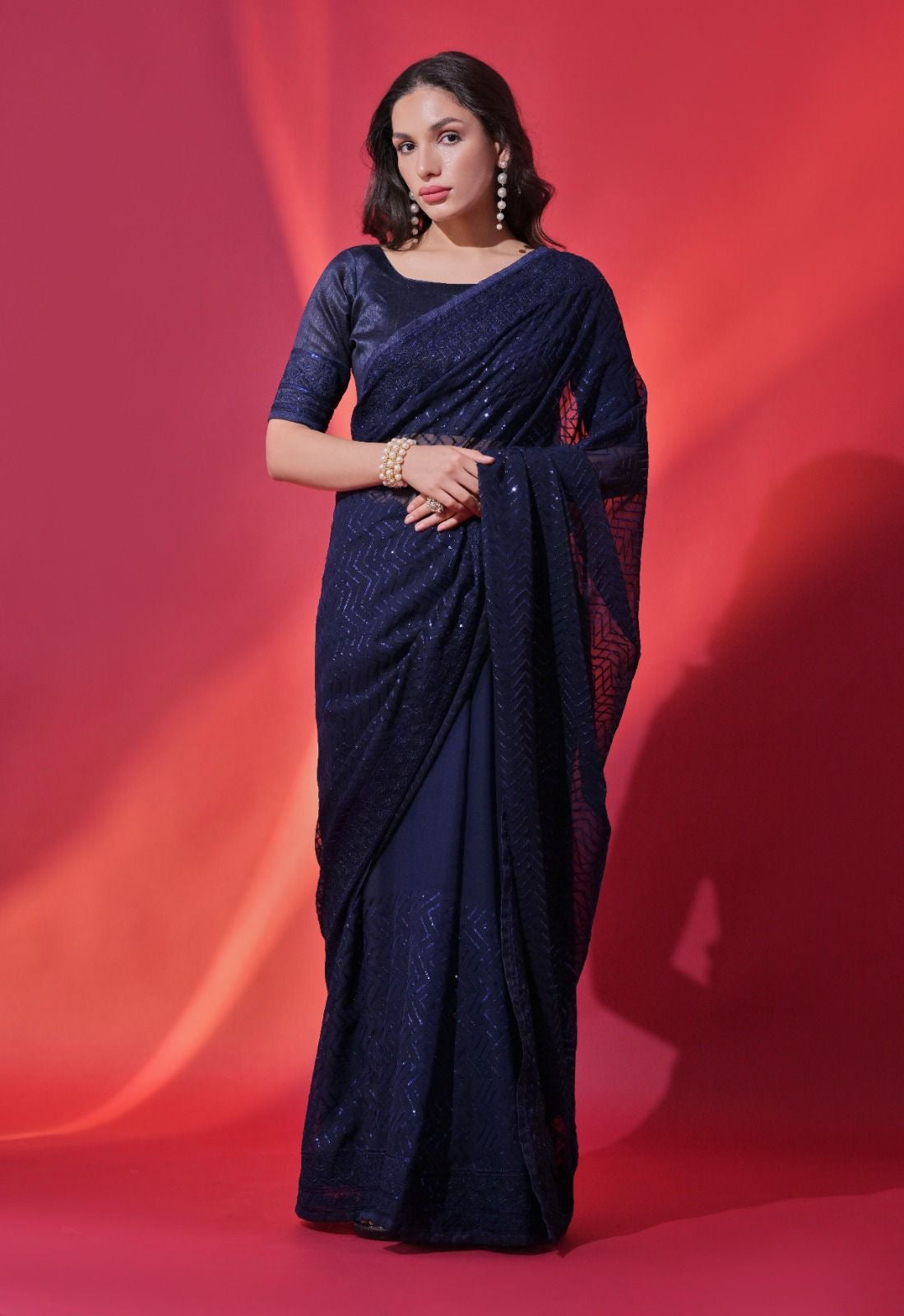 Graceful Soft Georgette Saree with Sequins Embroidery and Piping Lace Border