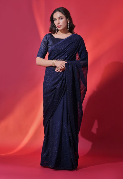 Graceful Soft Georgette Saree with Sequins Embroidery and Piping Lace Border