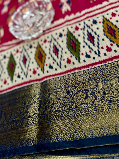 Semi Maheshwari Silk Saree with Zari Border & Ikat Style Weaving for Women