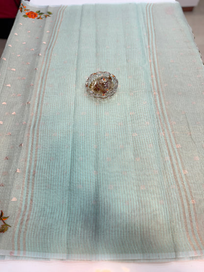 Banarasi Cotton Tissue Saree for Women with Meenakari Embroidery Border, Zari Booti Weaving and Tassel Pallu