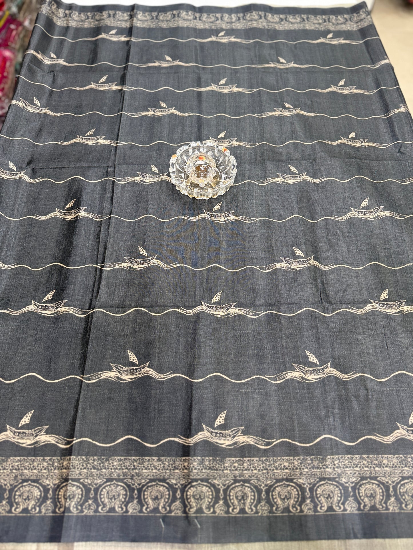 Semi Tussar Silk Saree with Ethnic Print Border and Tassel Pallu, Sea & Ships Print