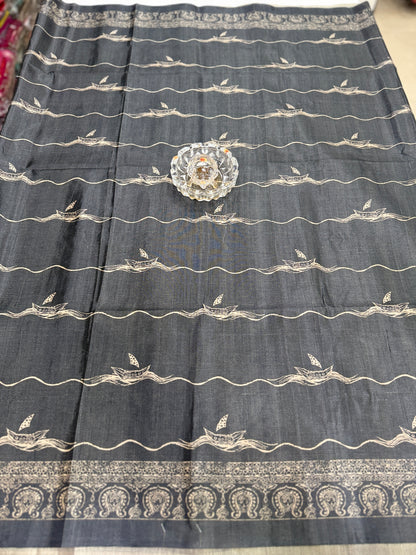 Semi Tussar Silk Saree with Ethnic Print Border and Tassel Pallu, Sea & Ships Print