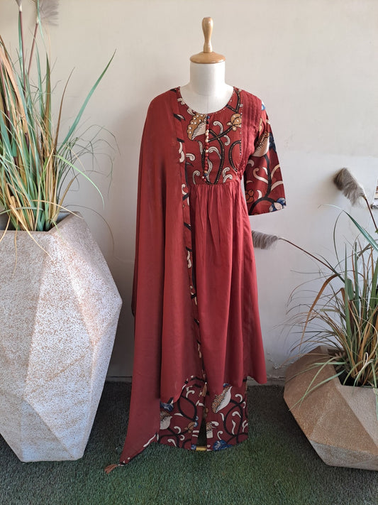 Women’s Kalamkari Cotton Kaftan Set with Embroidery and Mirror Work – Sizes 38 to 44