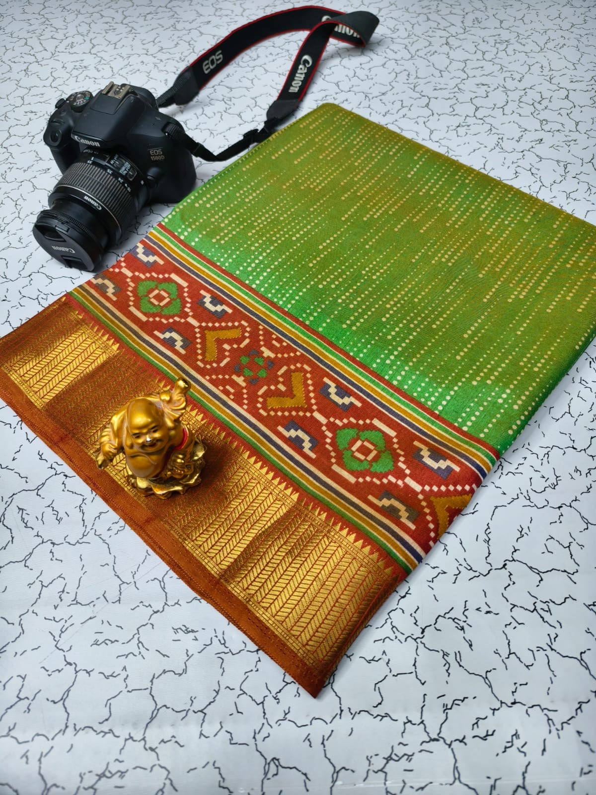 Soft Pochampally Silk Saree with Printed Multi-Butta Design and Contrast Running Blouse