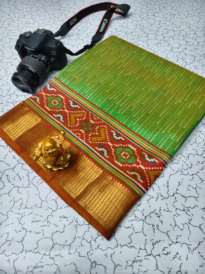 Soft Pochampally Silk Saree with Printed Multi-Butta Design and Contrast Running Blouse