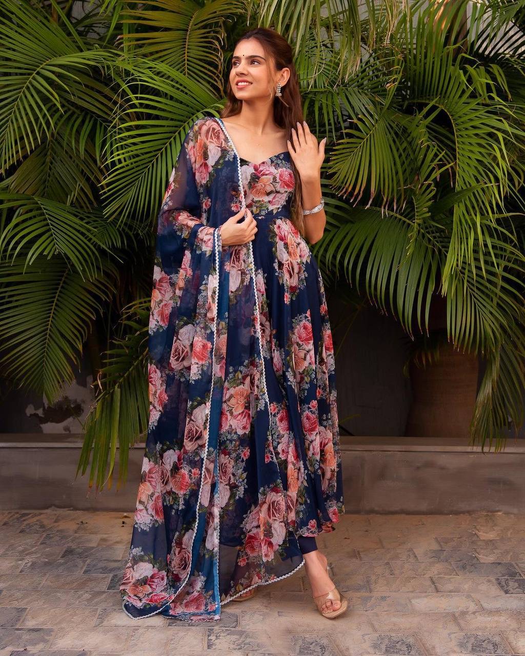 Georgette Morning Glory Anarkali Set for Women with Corset Lace Dupatta – Sizes L to XXL