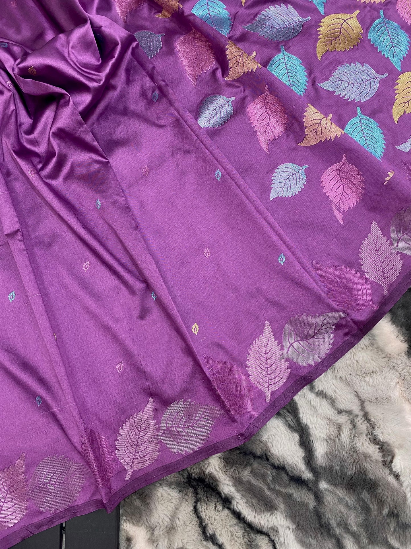 Pure Soft Silk Saree with Colorful Weaving and Leaf Panel Design