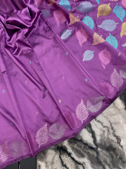 Pure Soft Silk Saree with Colorful Weaving and Leaf Panel Design