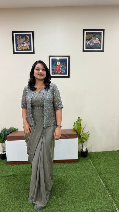 Georgette Ready-to-Wear Saree with Sequence Embroidery, Embroidered Koti & Work Belt – Free Size up to XXL