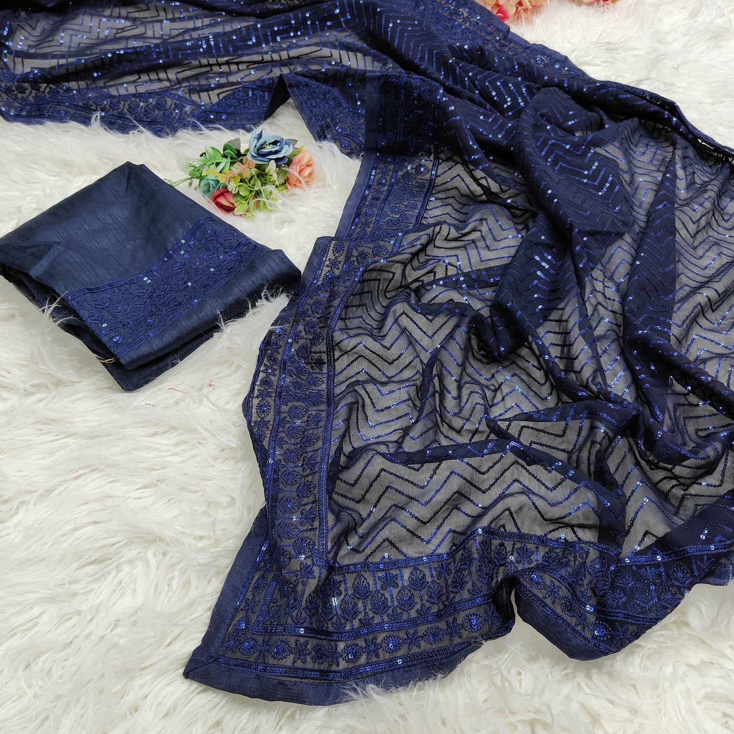 Graceful Soft Georgette Saree with Sequins Embroidery and Piping Lace Border