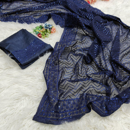 Graceful Soft Georgette Saree with Sequins Embroidery and Piping Lace Border