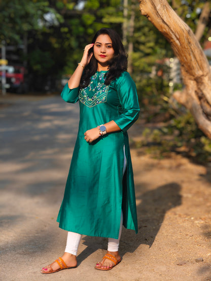 Peacock Green Poly Silk Straight Kurta for Women with Embroidered Yoke – M to 2XL