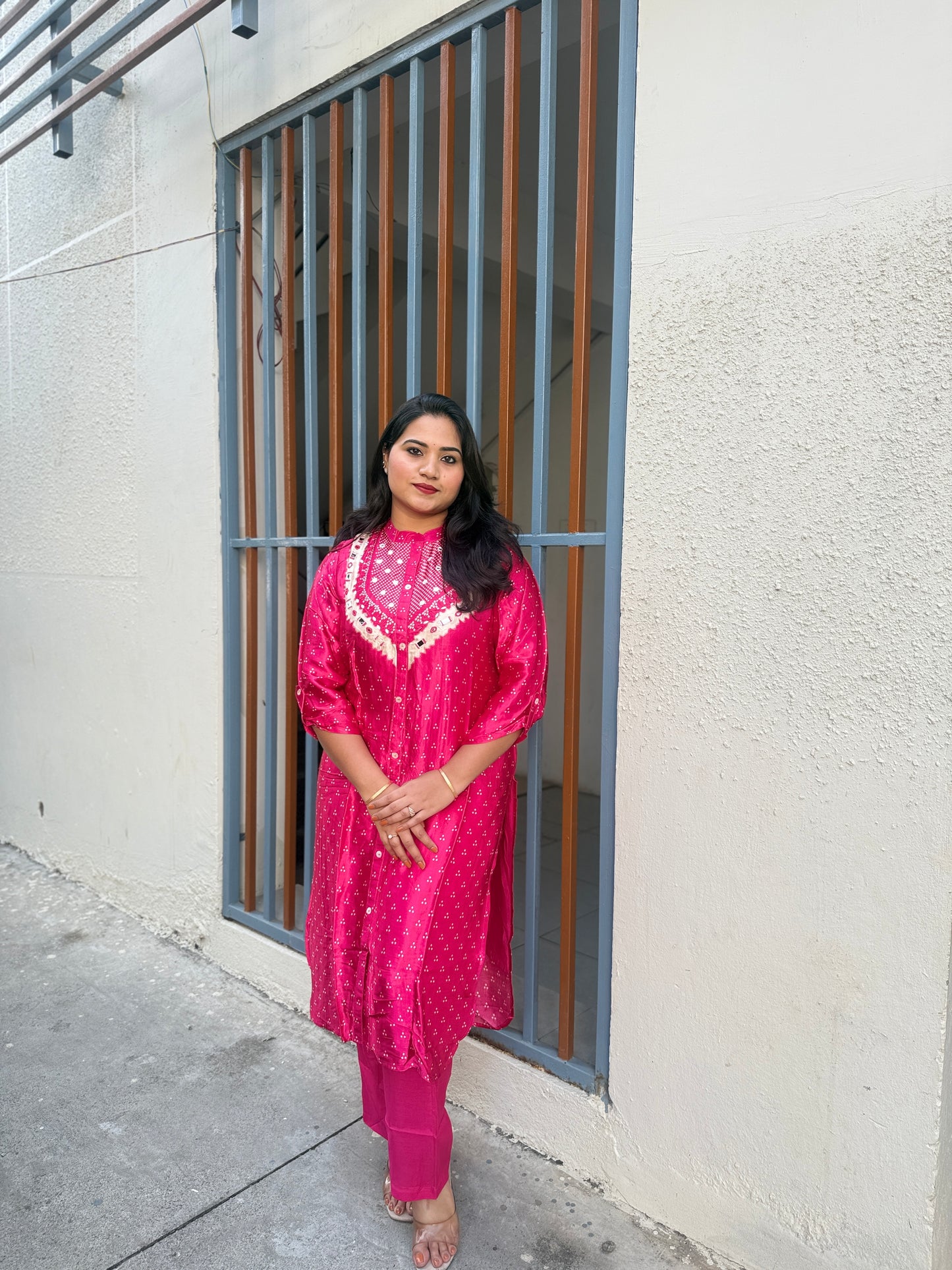 Gajji Silk Bandhani Printed Kurta Pant Set for Women with Mirror Work – Festive Wear, Sizes M to XXL