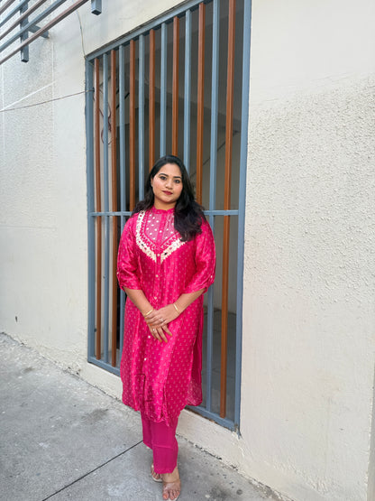 Gajji Silk Bandhani Printed Kurta Pant Set for Women with Mirror Work – Festive Wear, Sizes M to XXL