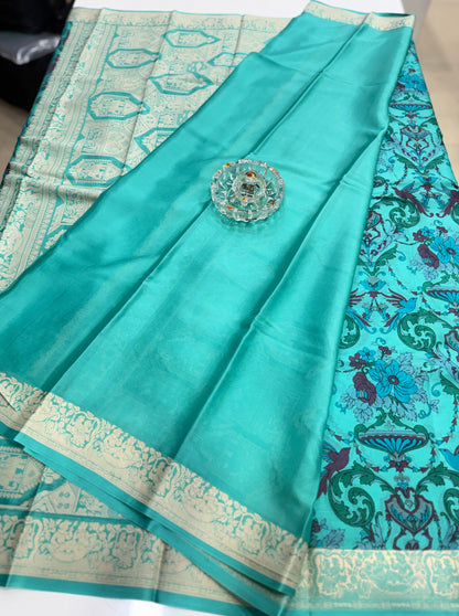 Pure Crepe Mysore Silk Saree for Women – Kalamkari Print with Kathan Border, 75 Gram, Silk Mark Certified