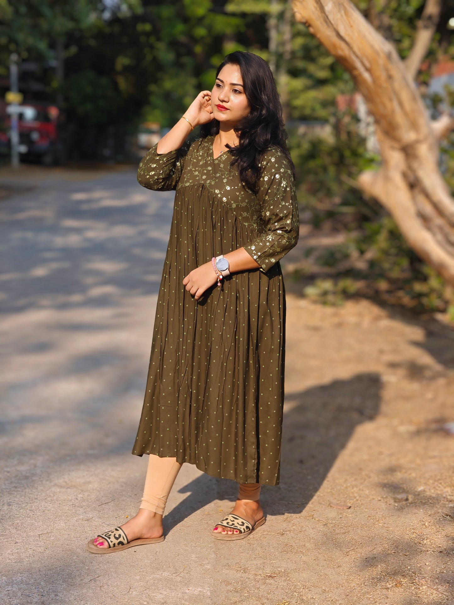 Olive Rayon Yoke Foil Printed A-Line Kurta