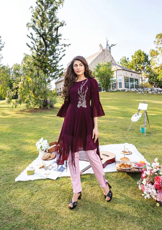 Georgette Designer Kurti Pant Set for Women with Handwork and Cotton Lycra Bottom