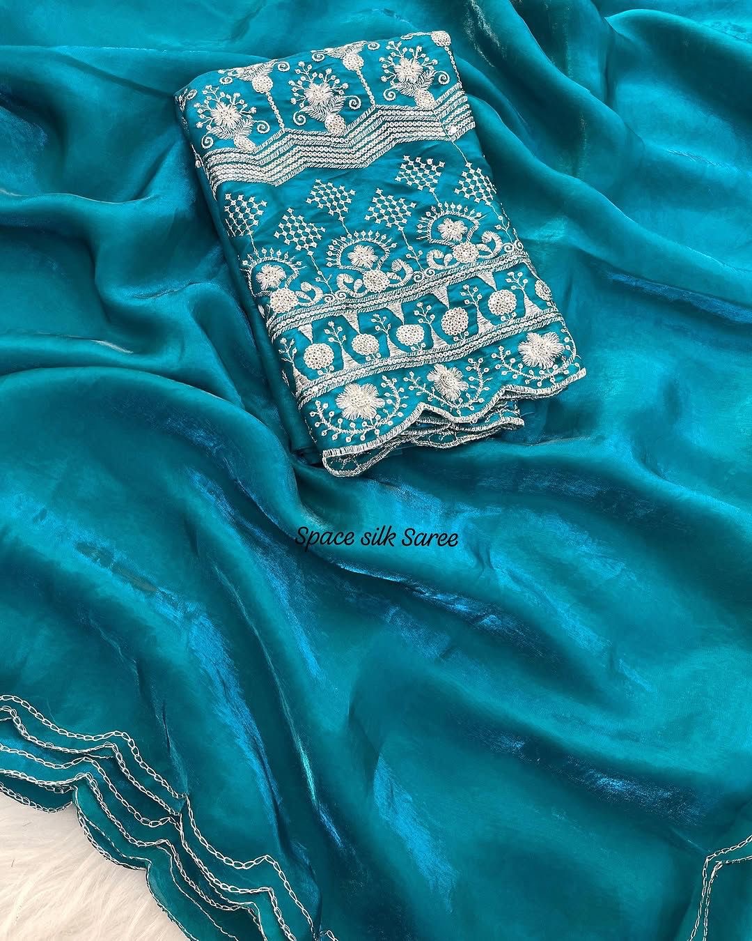 Space Silk Saree with Arco Cut Work and Embroidered Blouse – Elegant Party and Festive Wear Saree for Women