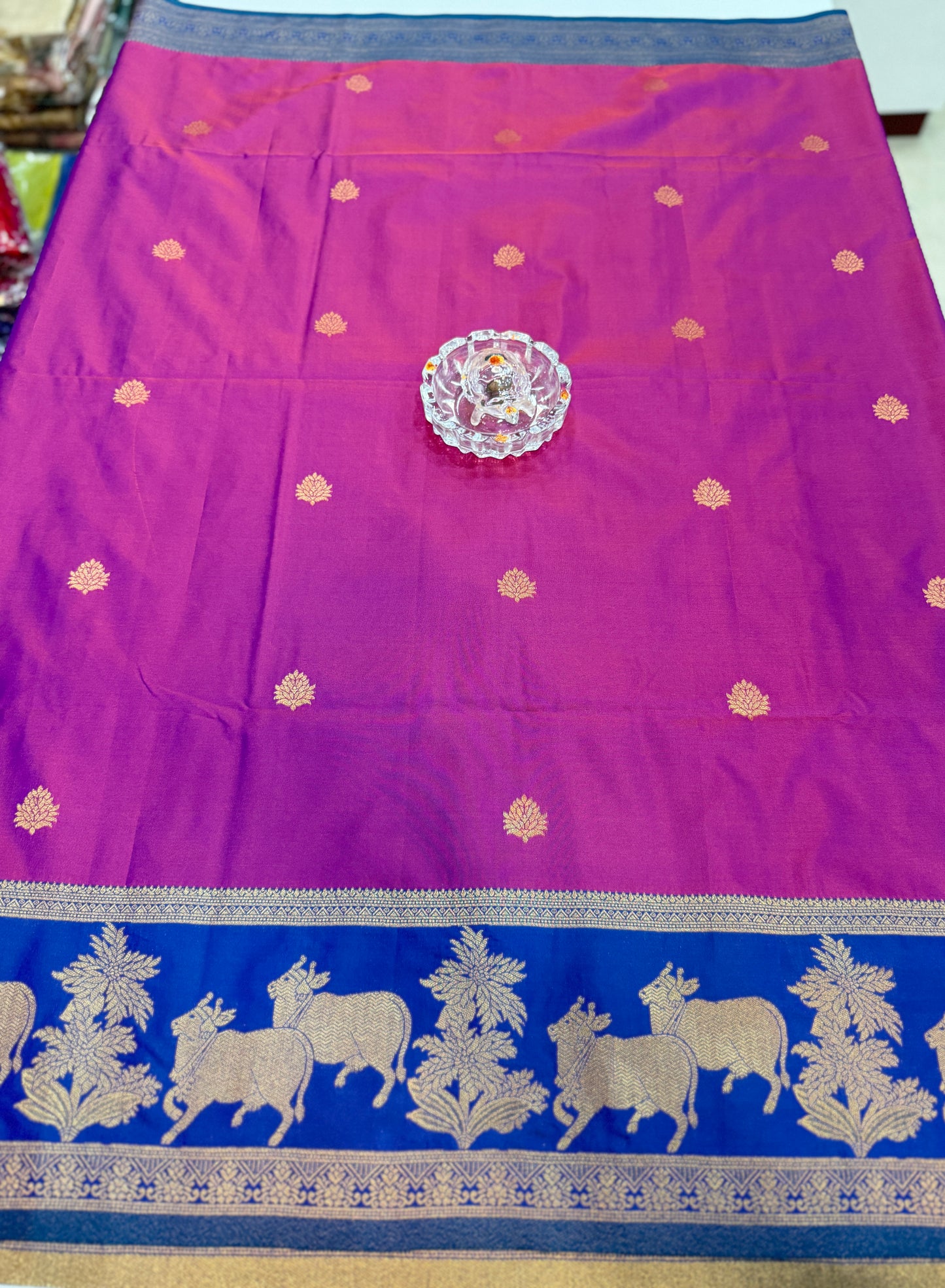 Handloom styled Silk Pichwai Saree with Woven Border and Contrast Blouse