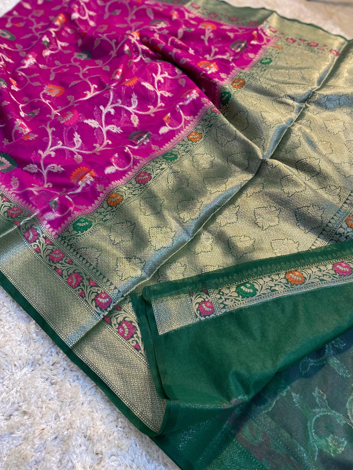 Banarasi Meenakari Georgette Silk Saree with Multi-Color Floral Weaving and Meena Border Blouse
