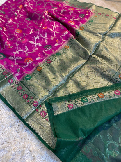 Banarasi Meenakari Georgette Silk Saree with Multi-Color Floral Weaving and Meena Border Blouse