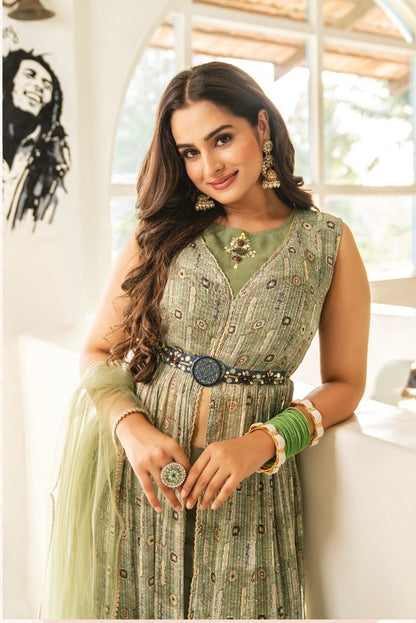 Nyra Cut Crochet Georgette Kurti Set with Jaam Silk Pant, Net Dupatta and Handwork Belt – Sizes L, XL