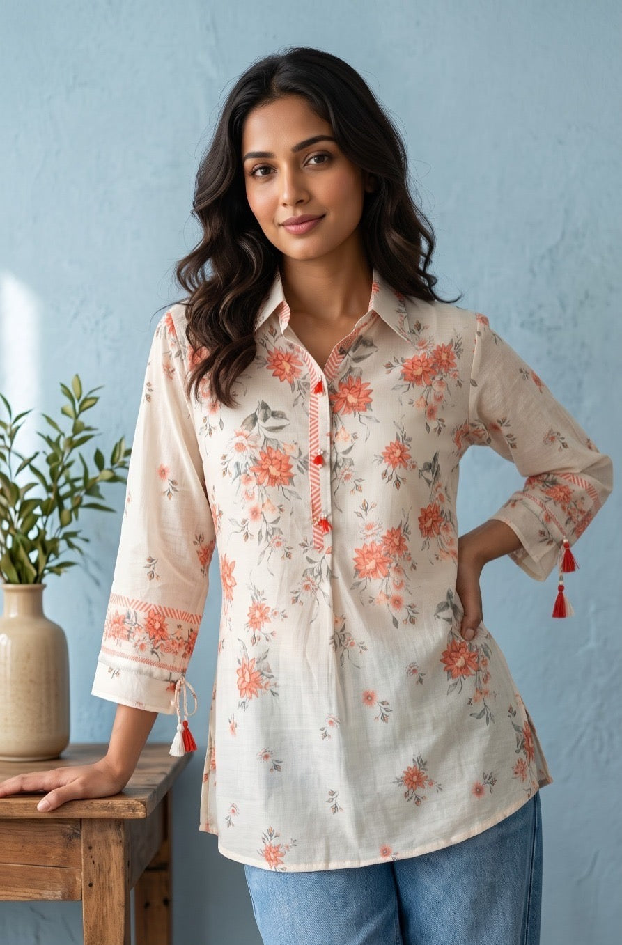 Mul Chanderi Floral Shirt for Women with Detachable Inner, Cream Coral, Sizes 38-44
