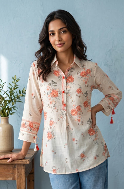 Mul Chanderi Floral Shirt for Women with Detachable Inner, Cream Coral, Sizes 38-44