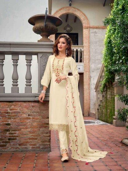 Milan Silk Handworked Kurta Pant Dupatta Set with Embroidered Organza Dupatta – Sizes M to XXL