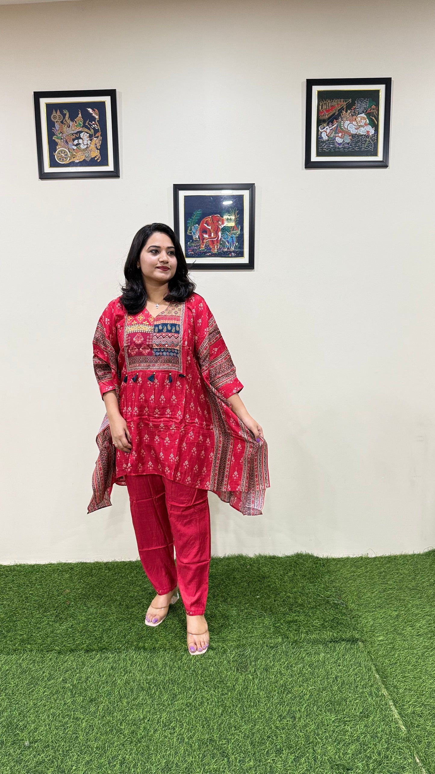 Designer Muslin Digital Print Western Fusion Kurti Pant Set with Mirror and Bead Handwork