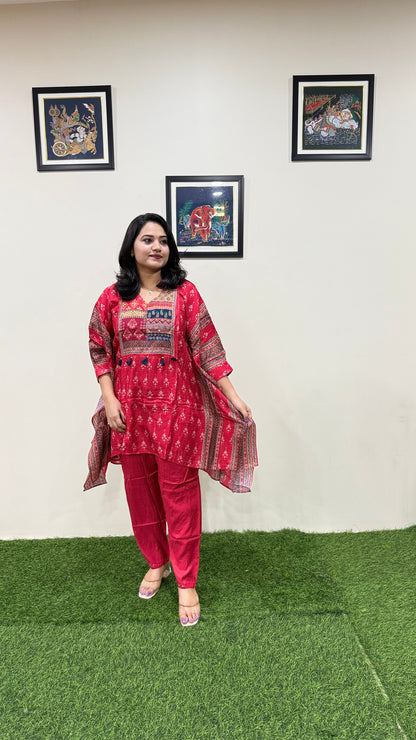 Designer Muslin Digital Print Western Fusion Kurti Pant Set with Mirror and Bead Handwork