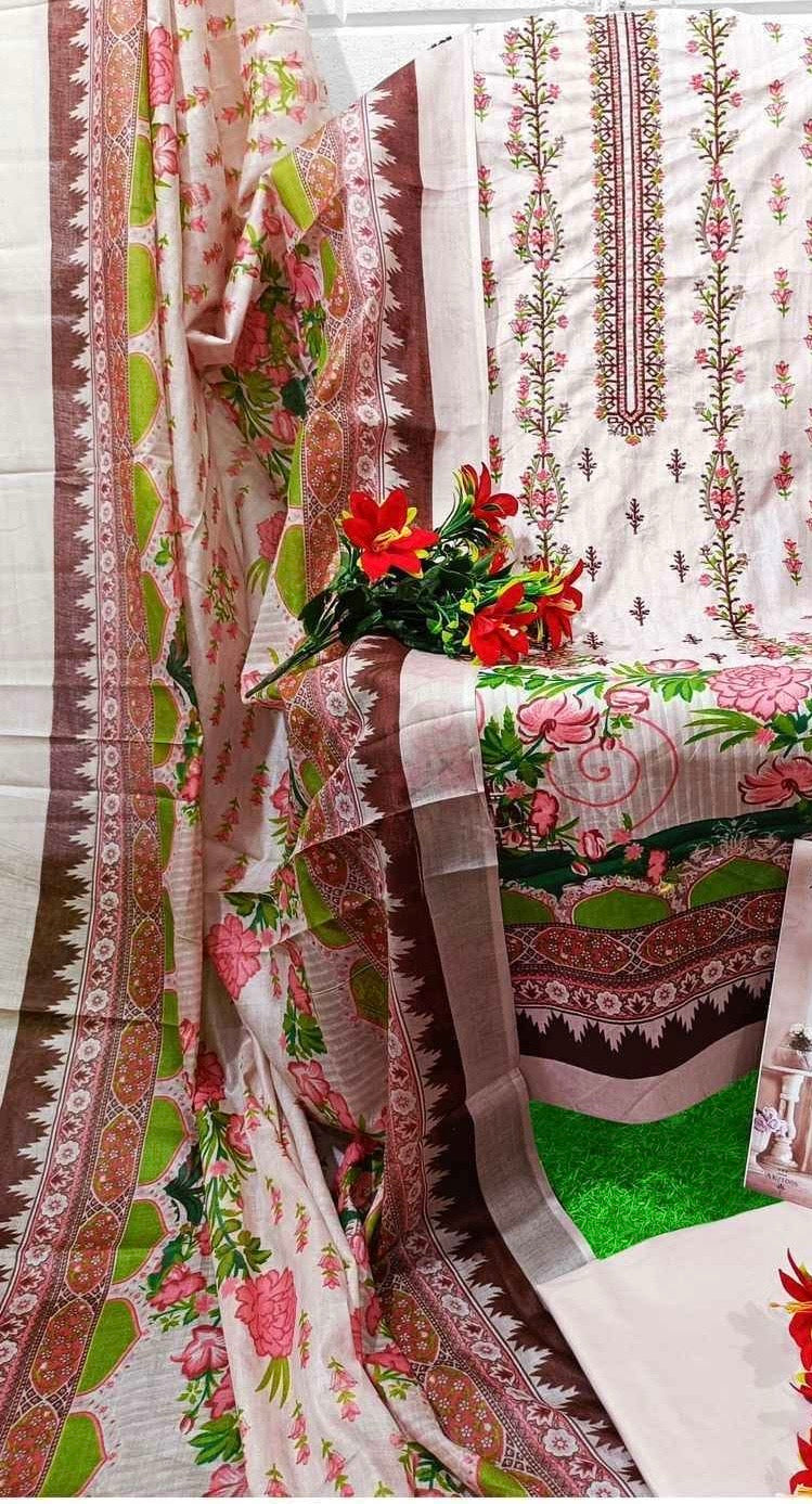 Unstitched Pure Cotton Cambric Suit Material with Self Embroidery and Mal Mal Dupatta