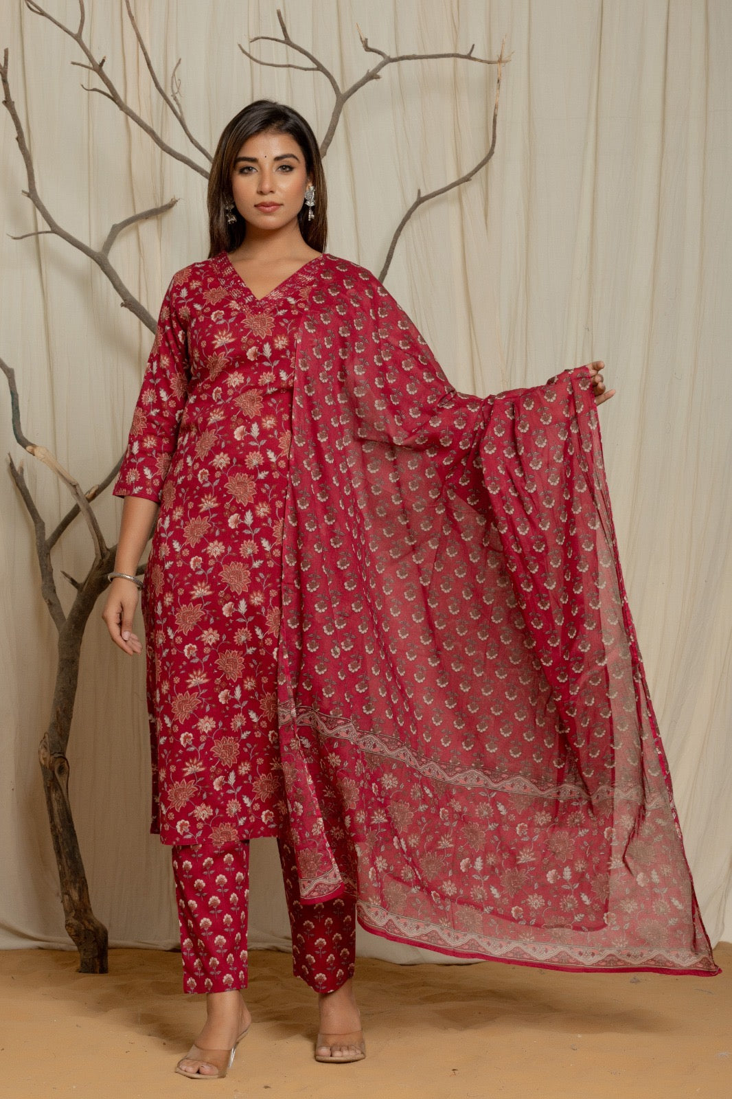 Maroon Printed Cotton SKD Set with Sequin & Thread Neck Embroidery – Plus Size – Sizes 46 to 52