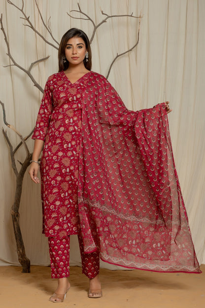 Maroon Printed Cotton SKD Set with Sequin & Thread Neck Embroidery – Plus Size – Sizes 46 to 52