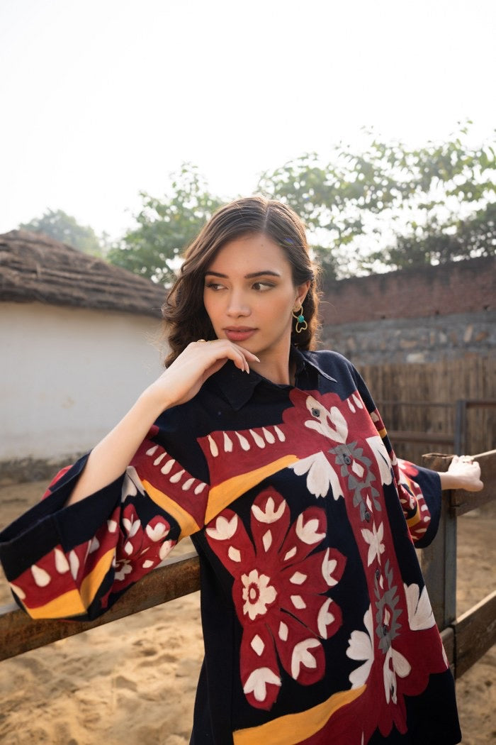 Cotton Poplin Oversized Co-Ord Set with Hand Brush Painted Design – Artistic Casual Wear for Women (Sizes 38 to 44)