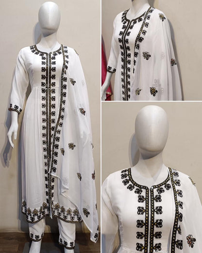 Faux Georgette Embroidered Kurti Palazzo Dupatta Set with Cutwork Dupatta for Women