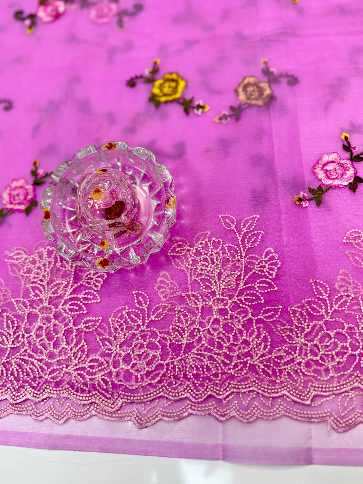 Kora Banarasi Saree with Floral Embroidery and Woven Border – Lightweight Festive Wear