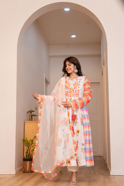 Soft Chanderi Kurta Pant with Organza Dupatta Set for Women – Embroidery & Digital Print – M to XXL