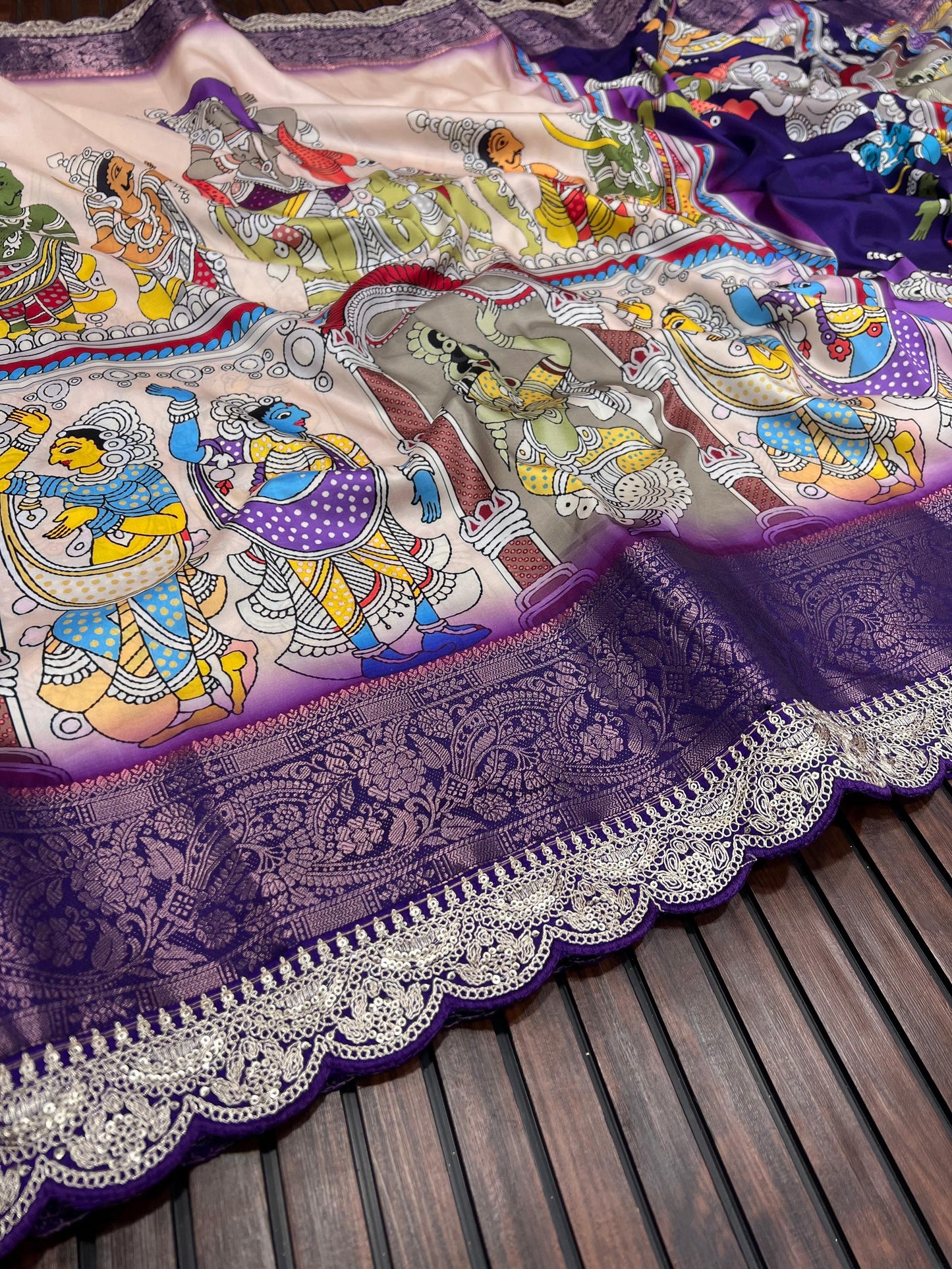 Dola Lichi Soft Silk Saree with Jacquard Jari Weaving, Pichwai Kalamkari Print and Sequins Lace Border