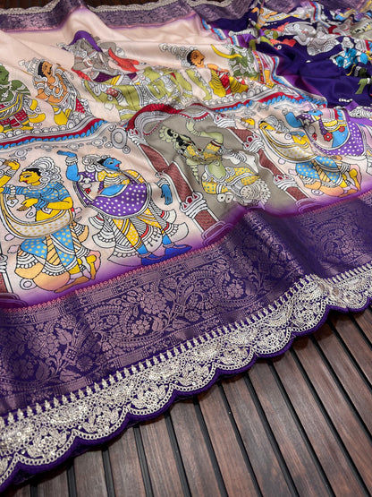 Dola Lichi Soft Silk Saree with Jacquard Jari Weaving, Pichwai Kalamkari Print and Sequins Lace Border