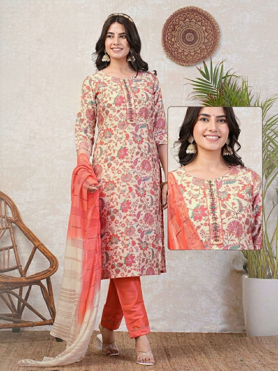 Chanderi Foil Print Kurti Set with Silk Bottom and Jacquard Sequins Dupatta – Women’s Sizes L, XL