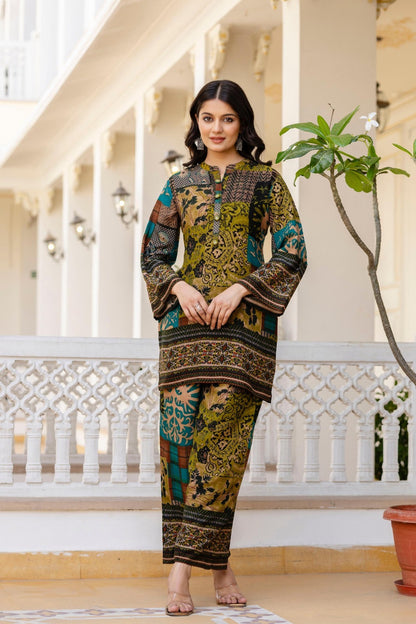 Pure Rayon Co-Ord Set with Floral Patch Digital Print, Kauri Buttons, and Flared Sleeves – Casual Fusion Wear for Women