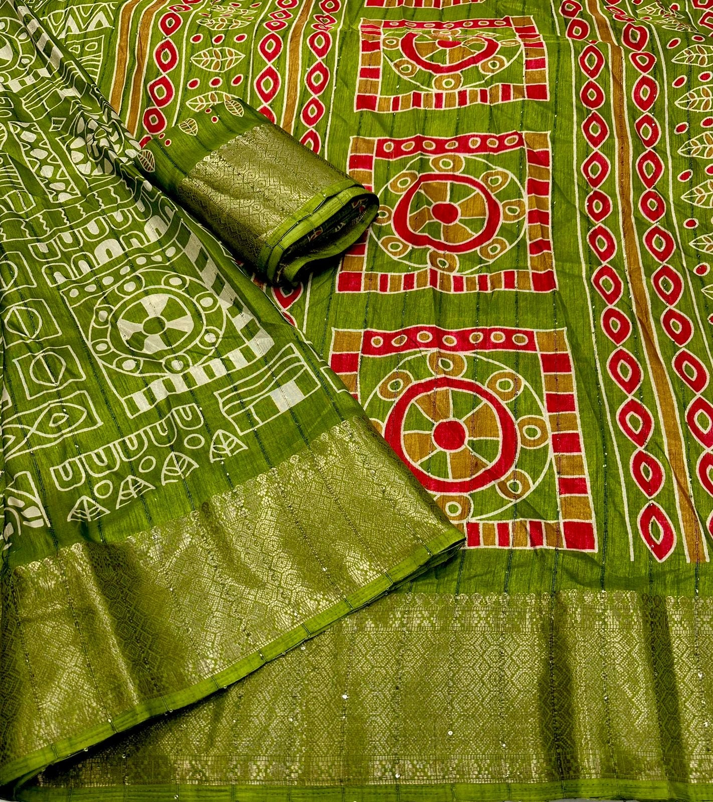 Cotton Crepe Saree with Sequence Work and Batik Print – Running Blouse Included