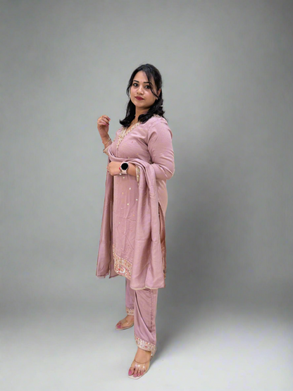 Vichitra Silk Ethnic 3-Piece Set with Embroidered Dupatta – Available in L and XL Sizes