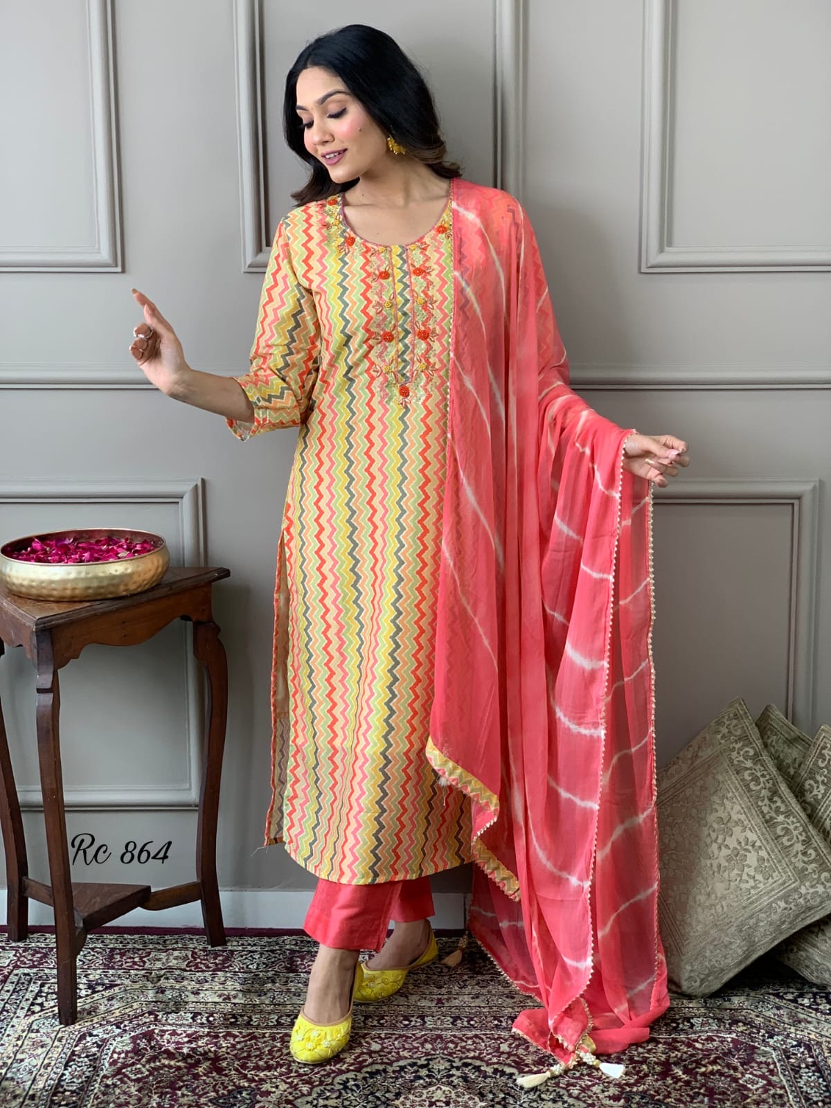 Chanderi Silk Digital Print Kurta Pant Dupatta Suit Set with Embroidery and Chiffon Dupatta – Sizes 38 to 44