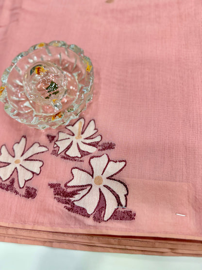 Pink kora silk style viscose saree with woven motifs and embroidered unstitched blouse fabric for festive wear