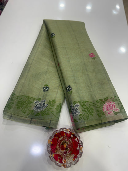 Tissue chanderi saree with floral border and tassel pallu, pastel printed saree for women