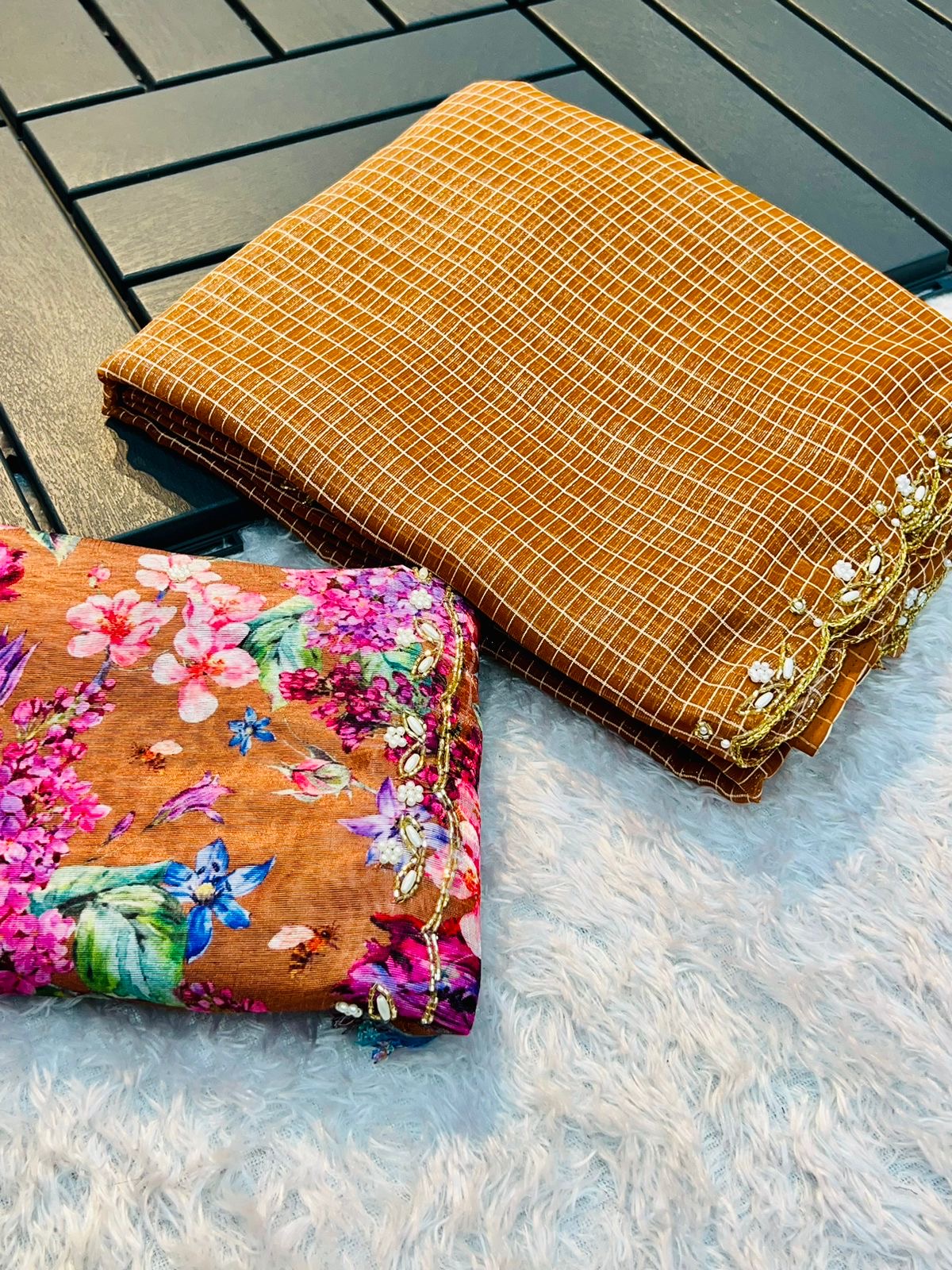 Handwork Nora Chex Saree with Pearl, Cutdana & Sequin Embroidery and Bangalori Silk Blouse