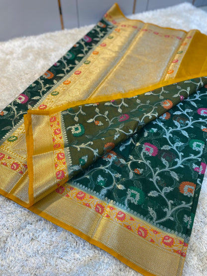 Banarasi Meenakari Georgette Silk Saree with Multi-Color Floral Weaving and Meena Border Blouse