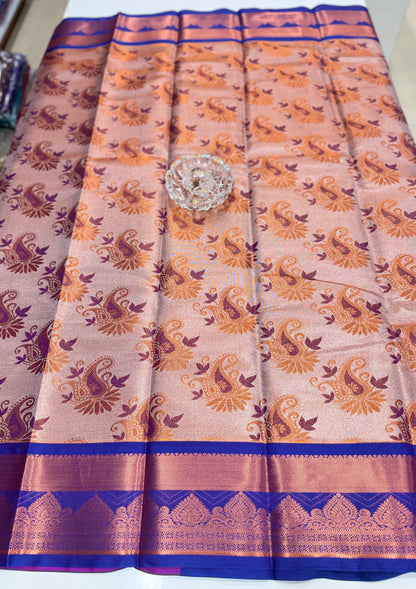 Bridal tissue saree for women with woven zari work and contrast border, kanchipuram style powerloom saree with blouse fabric